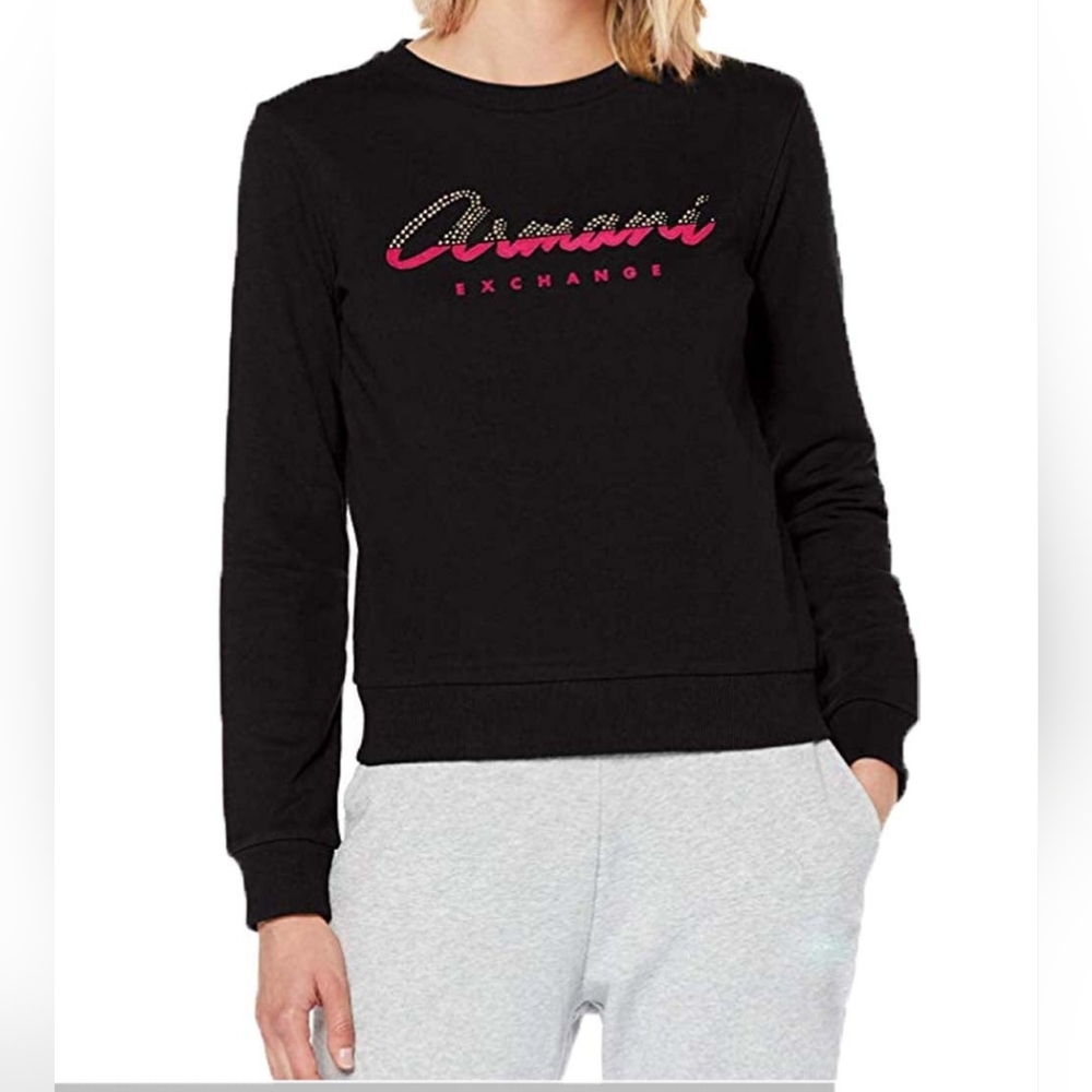 AIX Armani Exchange Black Crewneck Sweattop with Pink/Gold Accents Size Small